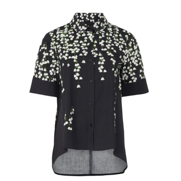 Adam Lippes 6 Floral Trapeze Top Shirt Black Cotton High Low Button Up - Picture 2 of 11